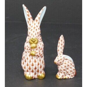 Herend Fishnet Bunny Rabbit Handpainted Porcelain Figurines #15338 # 5338
